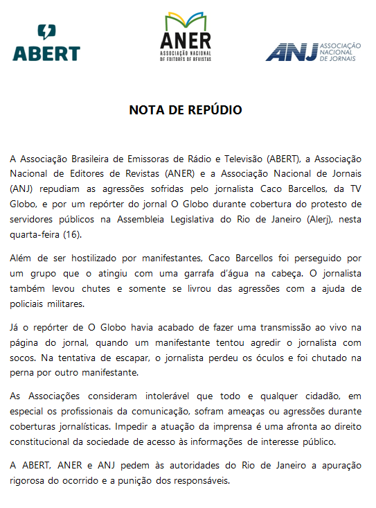 NOTA CONJUNTA DE REPÚDIO - AGRESSÃO